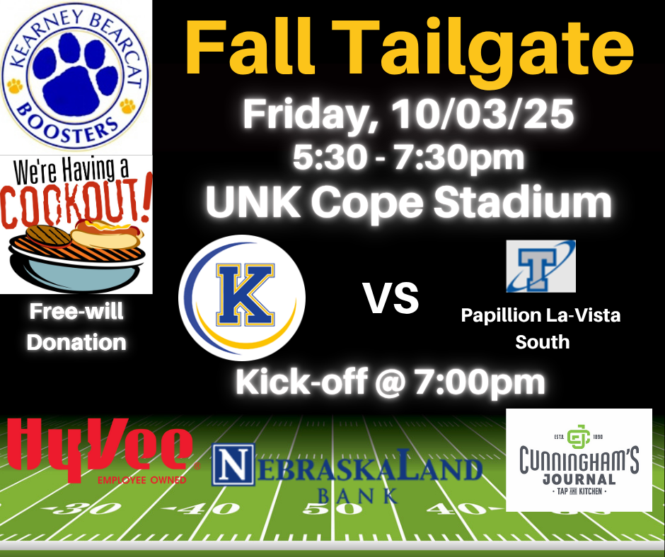 Booster Club Fall Tailgate on 10/03/25 at 5:30pm at UNK Cope Stadium.